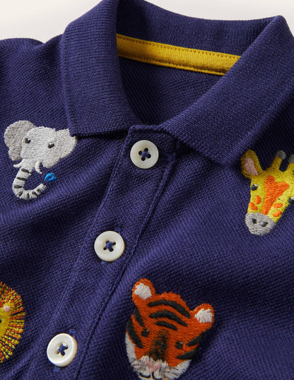 Fröhliches Piqué-Poloshirt-Segelblau, Dschungeltiere