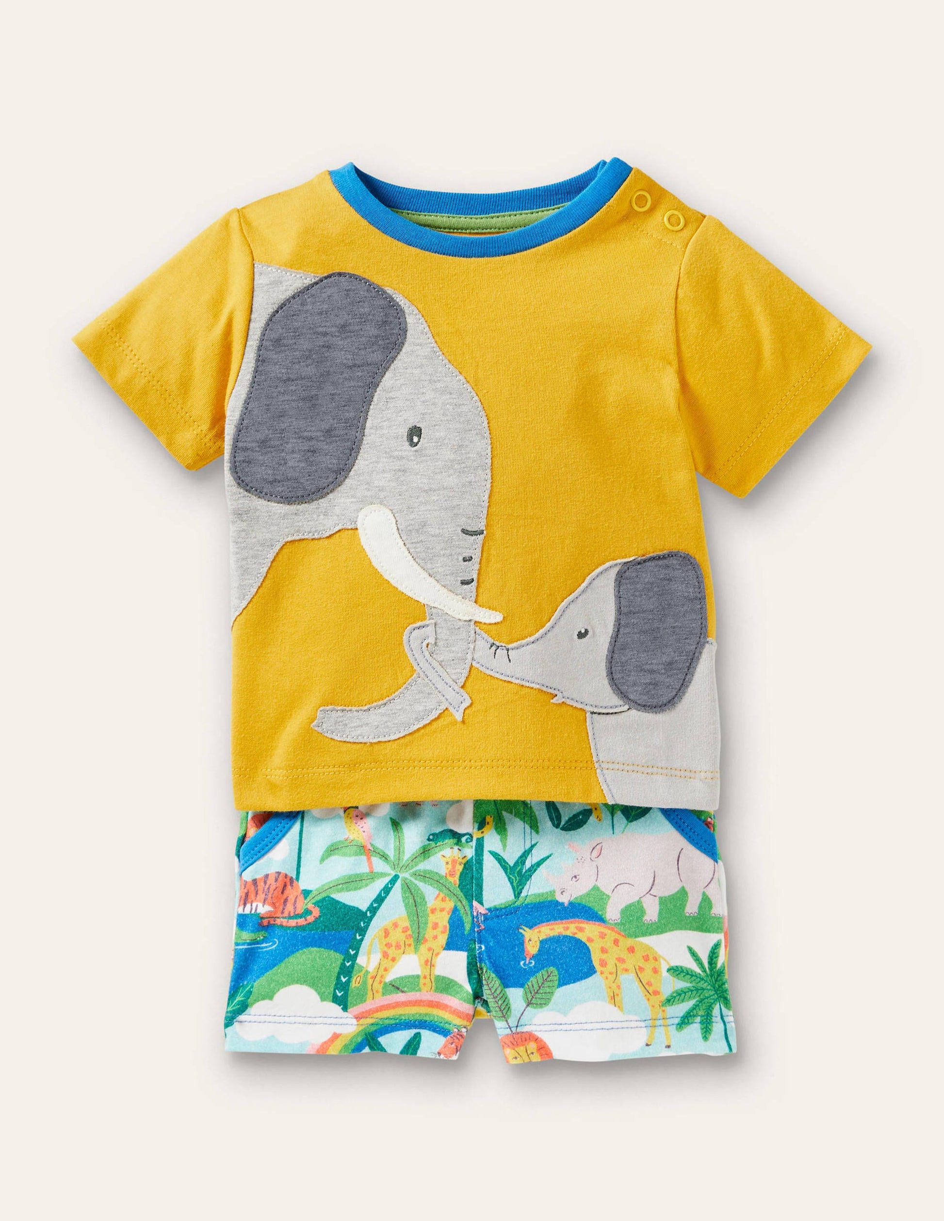 Set aus T-Shirt und Shorts mit Applikation-Narzissengelb, Elefanten-1