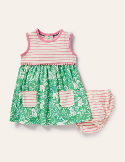 Ärmelloses Jerseykleid-Aloe-Vera-Grün, Elefanten/Palmen