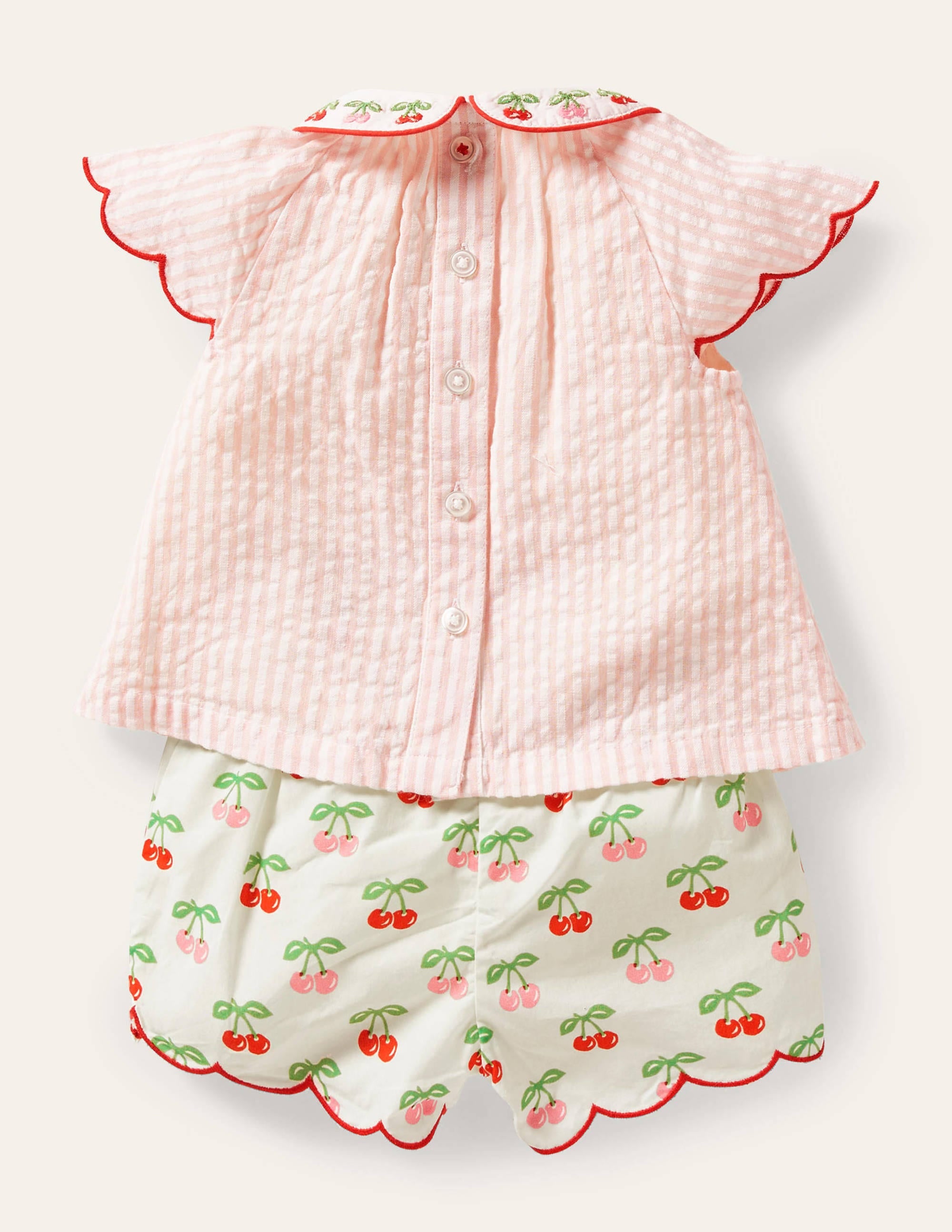 Webset mit Oberteil und Shorts-Naturweiß/Delfinrosa, Feine Streifen/Kirschen - Image 1