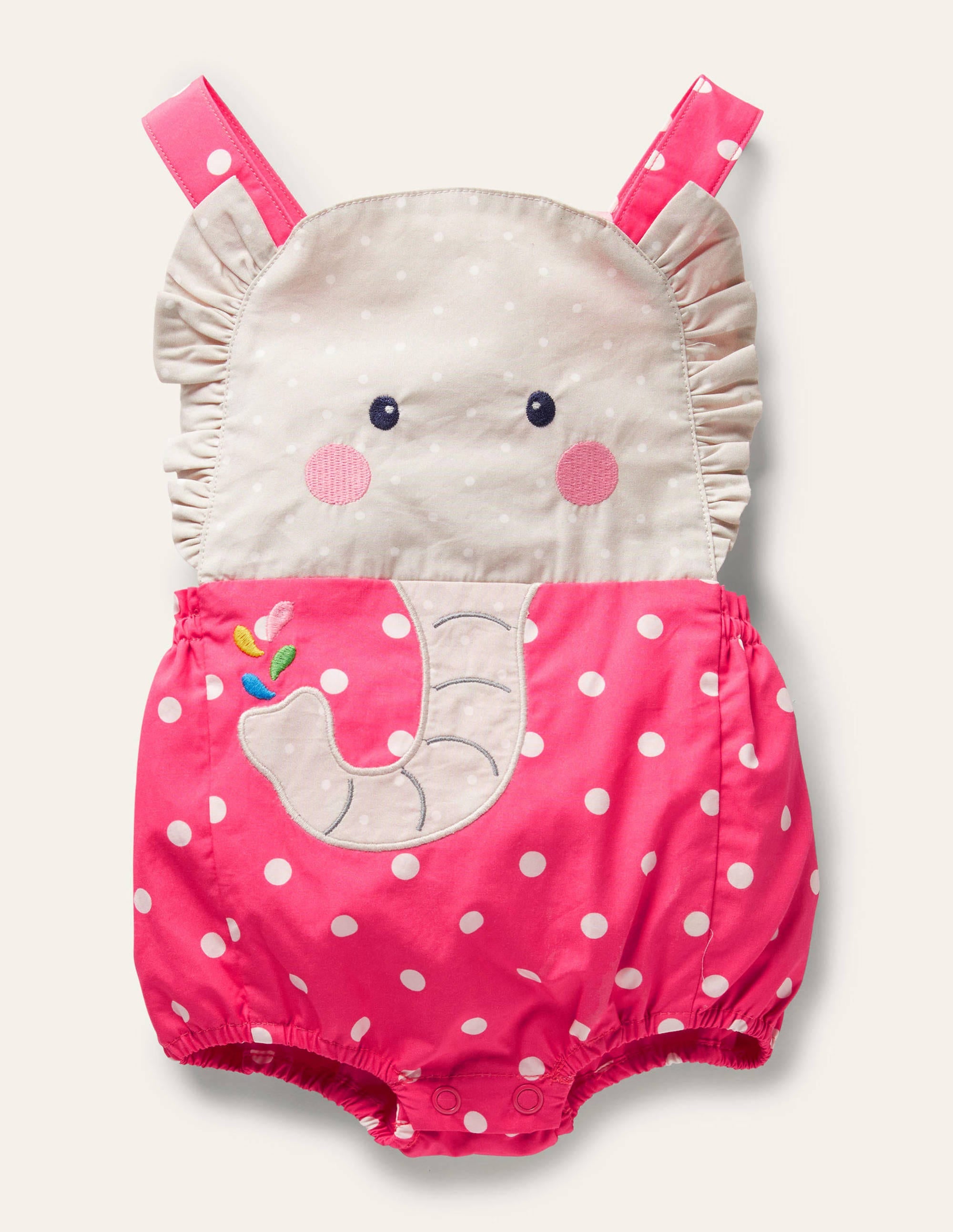 Barboteuse tissée fantaisie-Éléphant à pois rose corail - Image 1