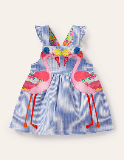 Webkleid mit Applikation-Naturweiß/Glockenblumenblau, Flamingo-1