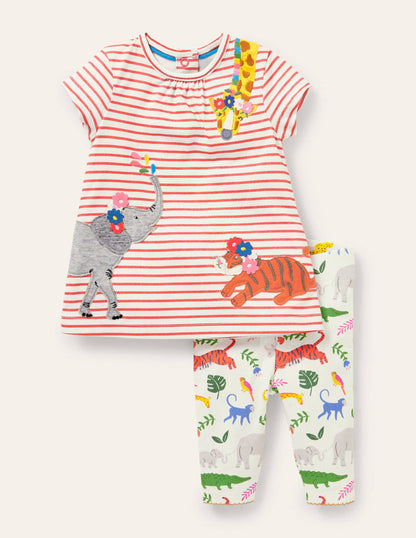 Spielset mit Kleid und Leggings-Rot/Naturweiß, Dschungeltiere