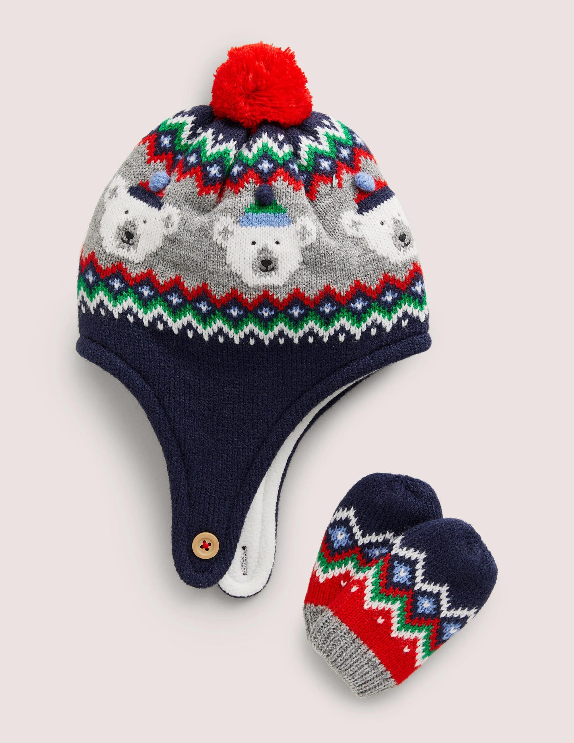 Ensemble bonnet et moufles pour bébé-Motif jacquard bleu marine - Image 1