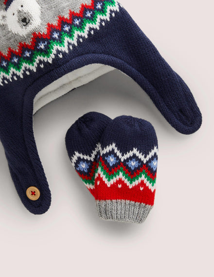 Babyset aus Mütze und Fäustlingen-Fair-Isle-Muster, Navy