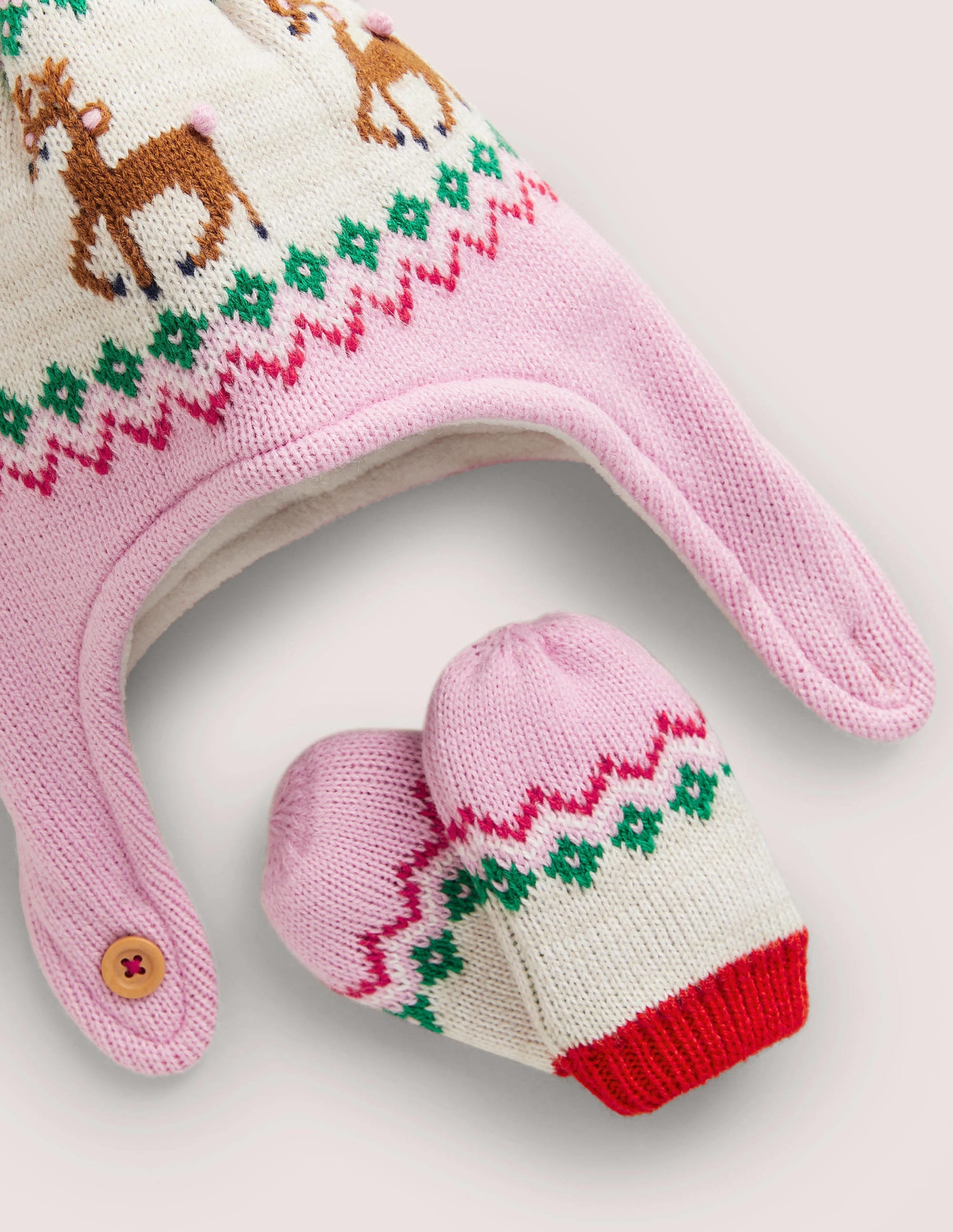 Ensemble fantaisie bonnet et moufles-Rose motif jacquard - Image 2