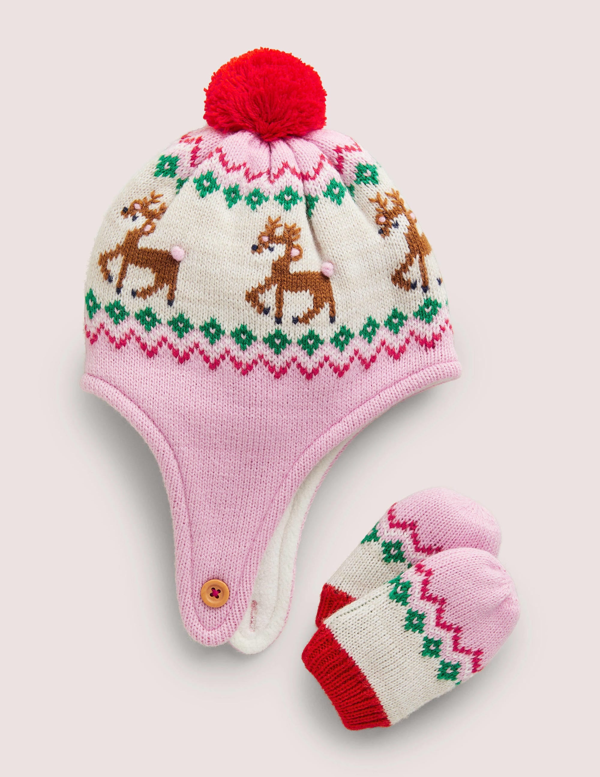 Ensemble fantaisie bonnet et moufles-Rose motif jacquard - Image 1