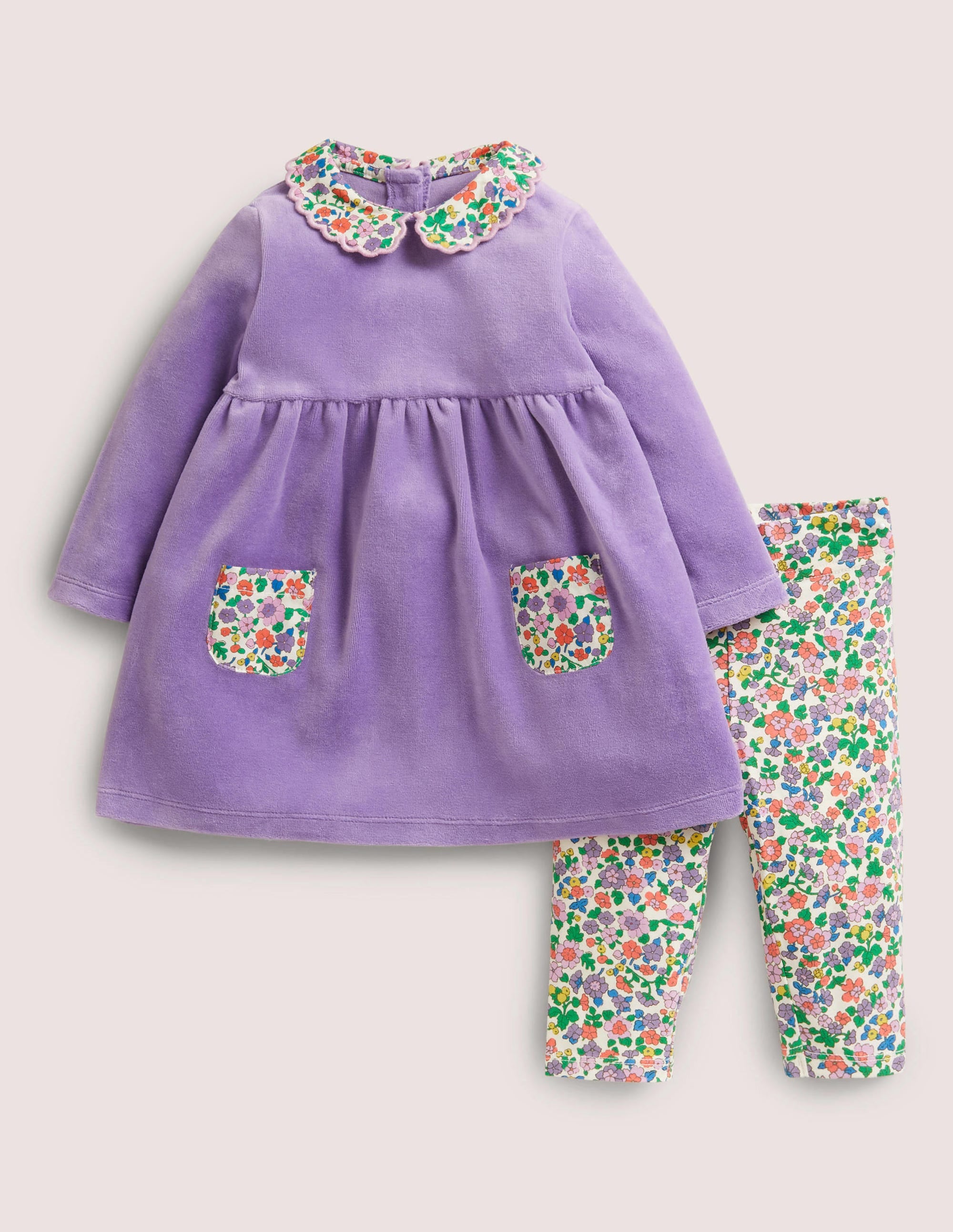 Set aus Velourskleid und -leggings-Asternviolett, Blumenmuster - Image 1