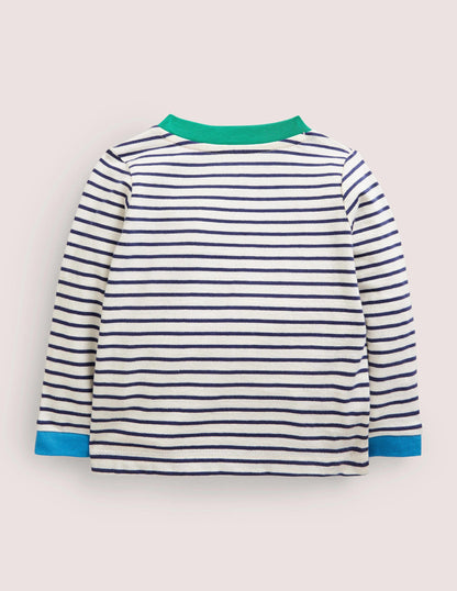 Langärmliges T-Shirt mit Applikation-Naturweiß/Navy, Tiere der Welt