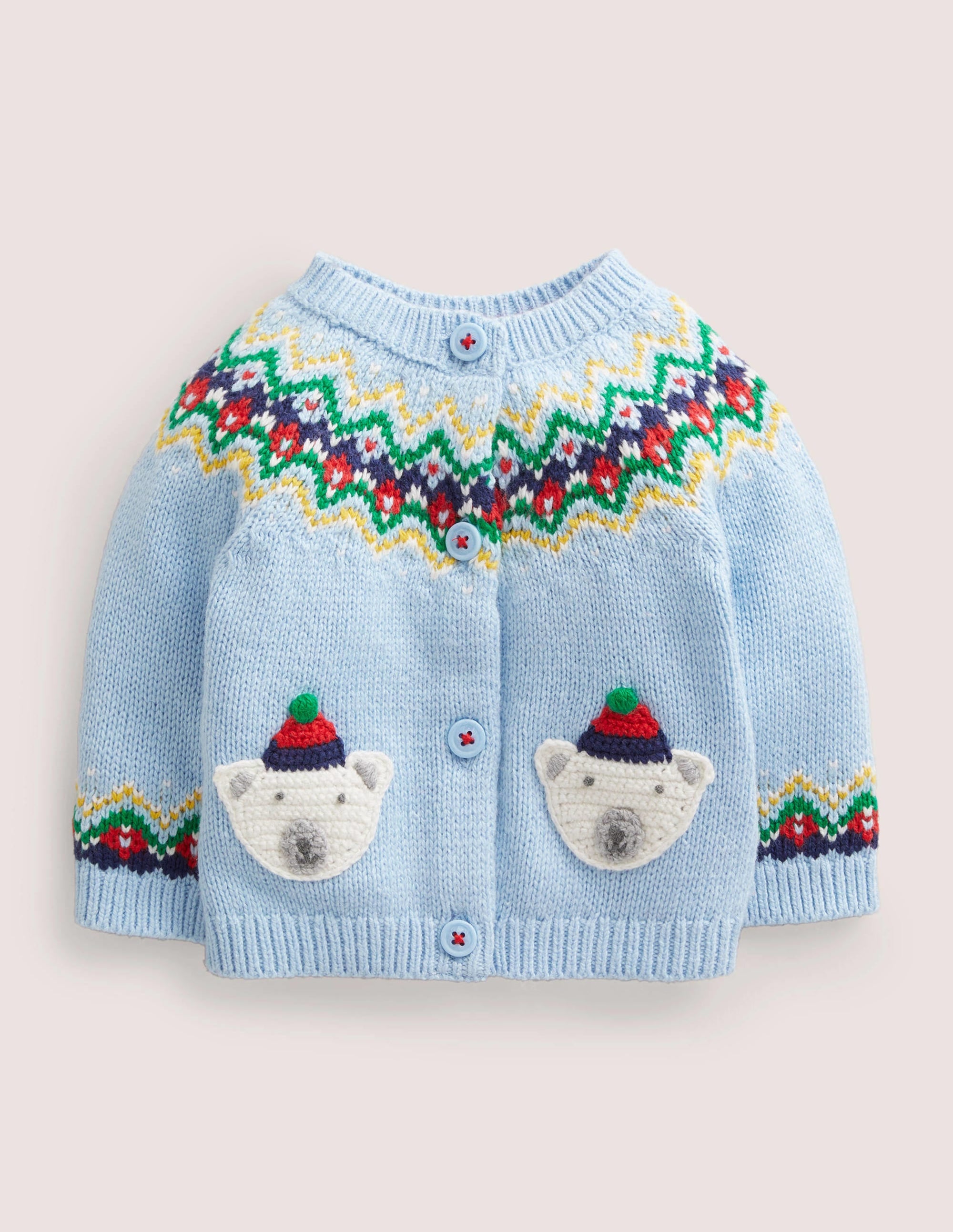 Fair Isle Yoke Cardigan-Dusty Blue Polar Bears - Image 1