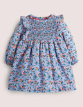 Gemustertes Webkleid-Graublau, Blumenmuster
