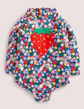 Langärmliger Badeanzug mit Rüschen-Segelblau, Regenbogen/Blumen