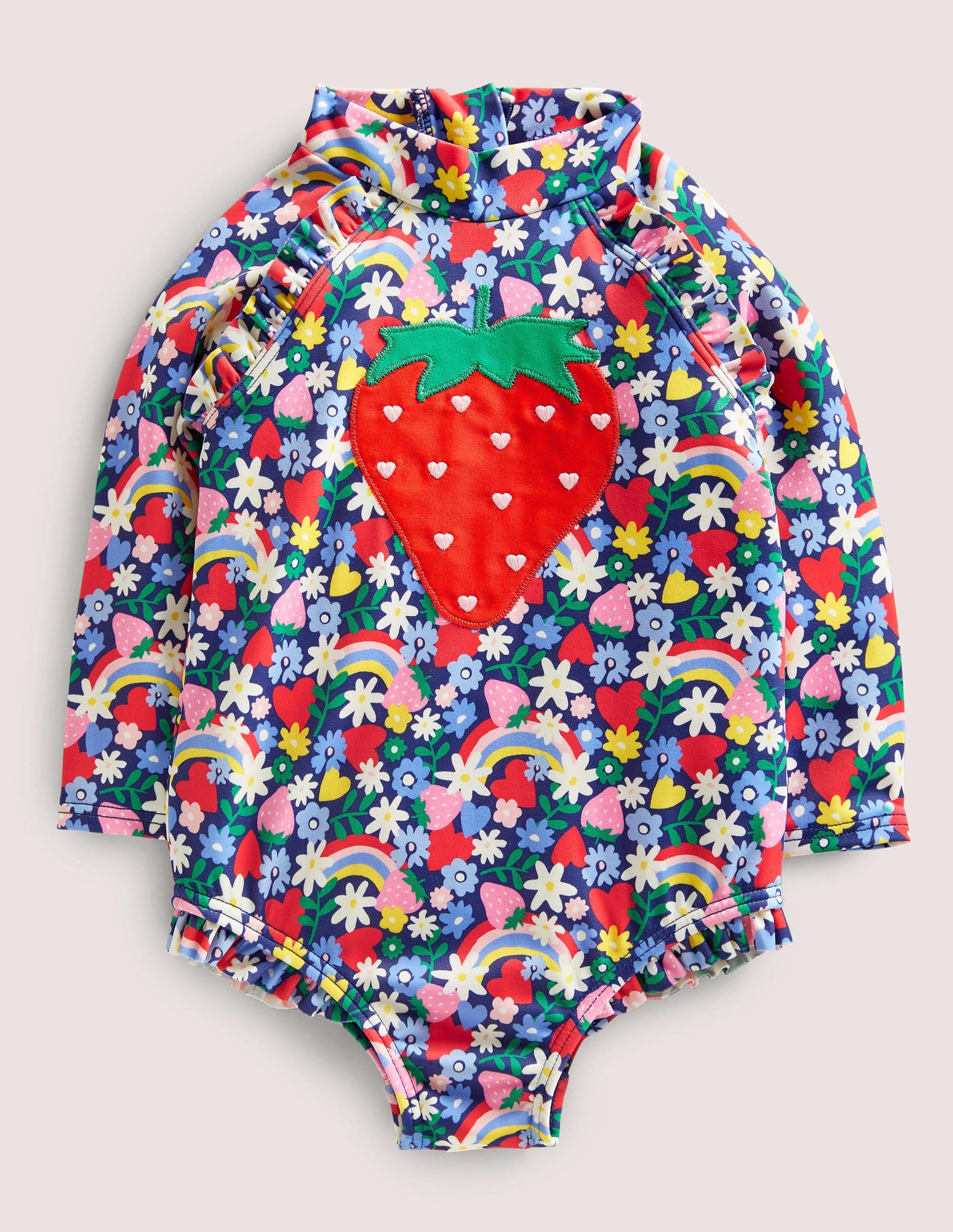 Langärmliger Badeanzug mit Rüschen-Segelblau, Regenbogen/Blumen - Image 1