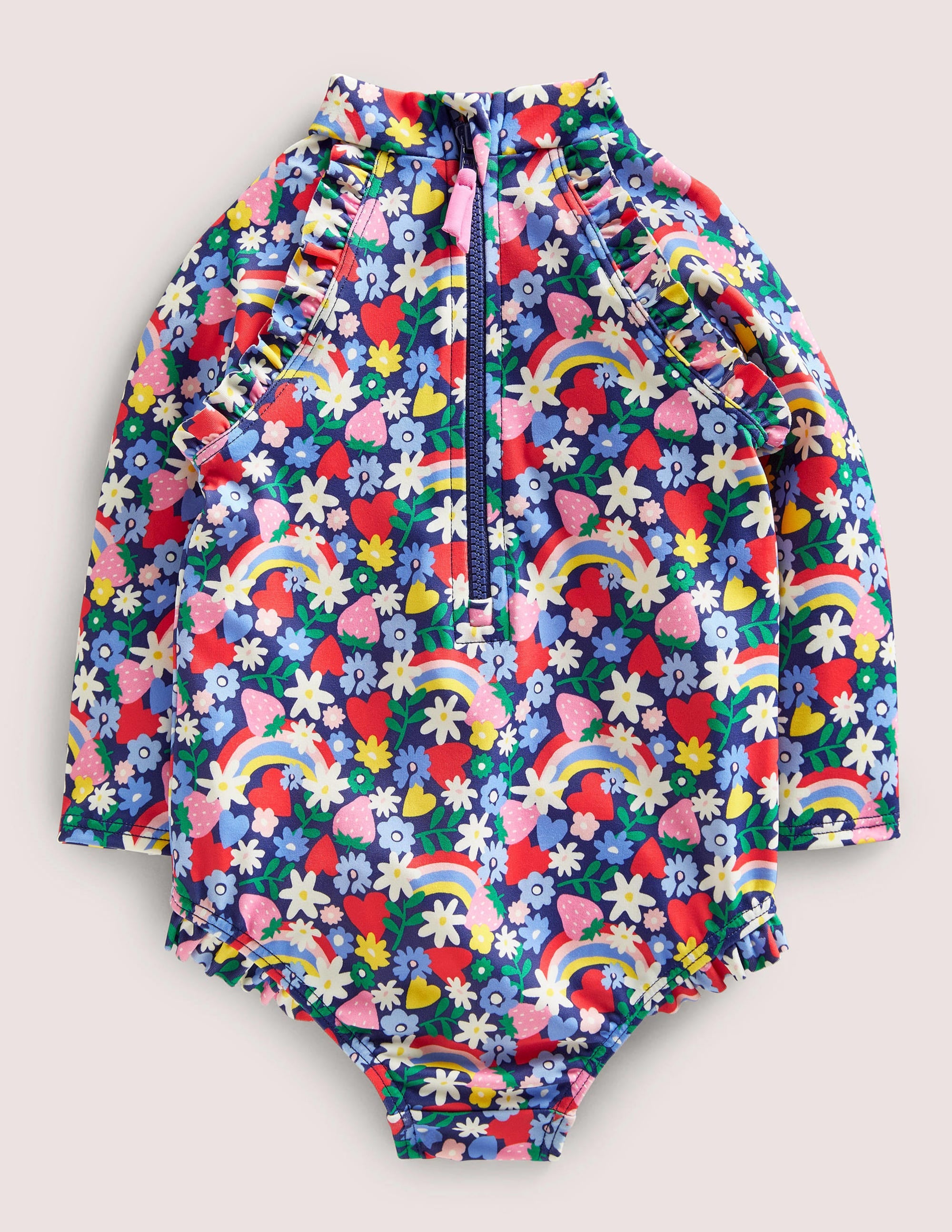 Langärmliger Badeanzug mit Rüschen-Segelblau, Regenbogen/Blumen - Image 2