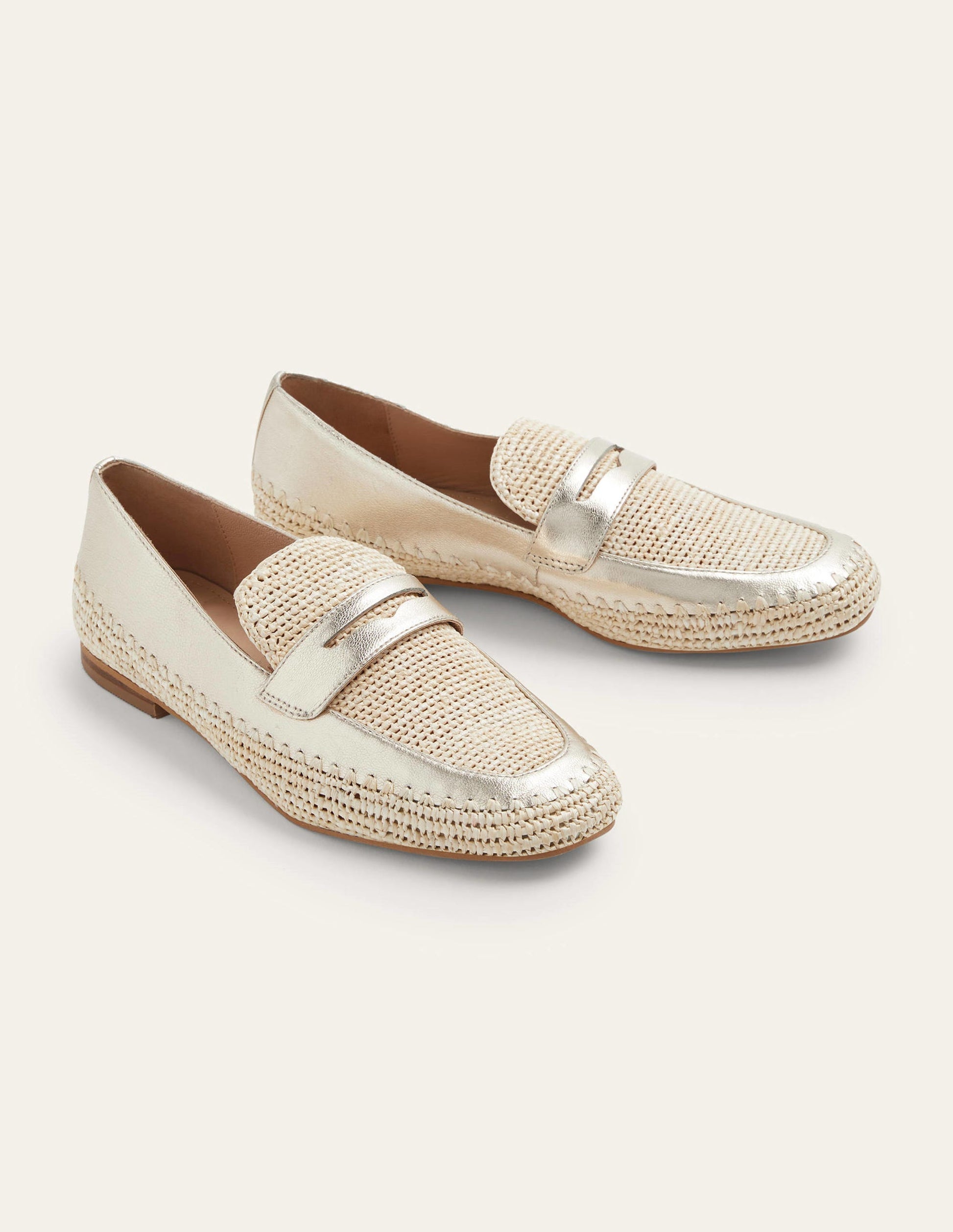 Lydia Raffia Detail Loafers-Pale Gold Metallic-4