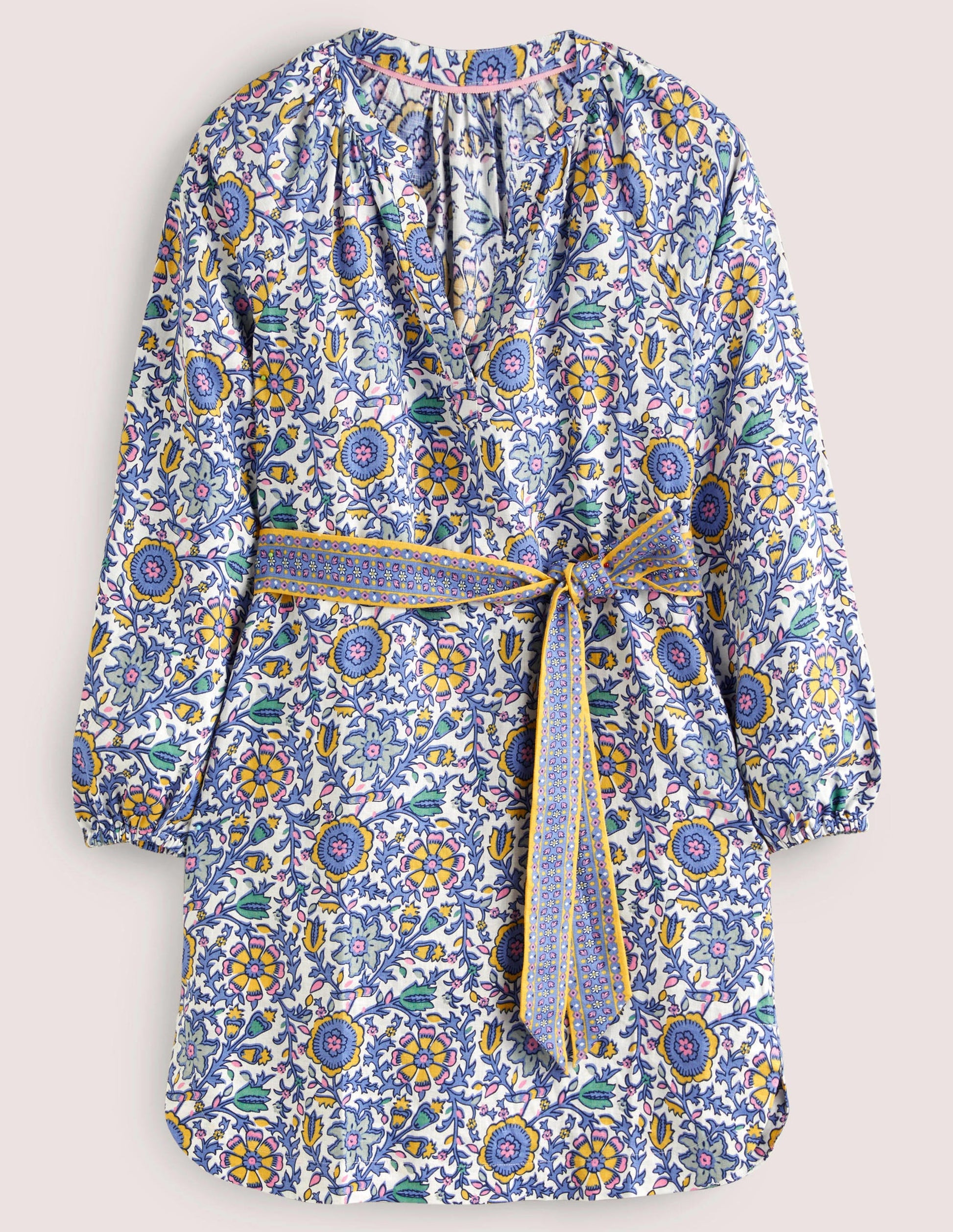 Mini-robe à col cranté en lin-Bleu Côte d'Azur, motif Enchanting Twig-9