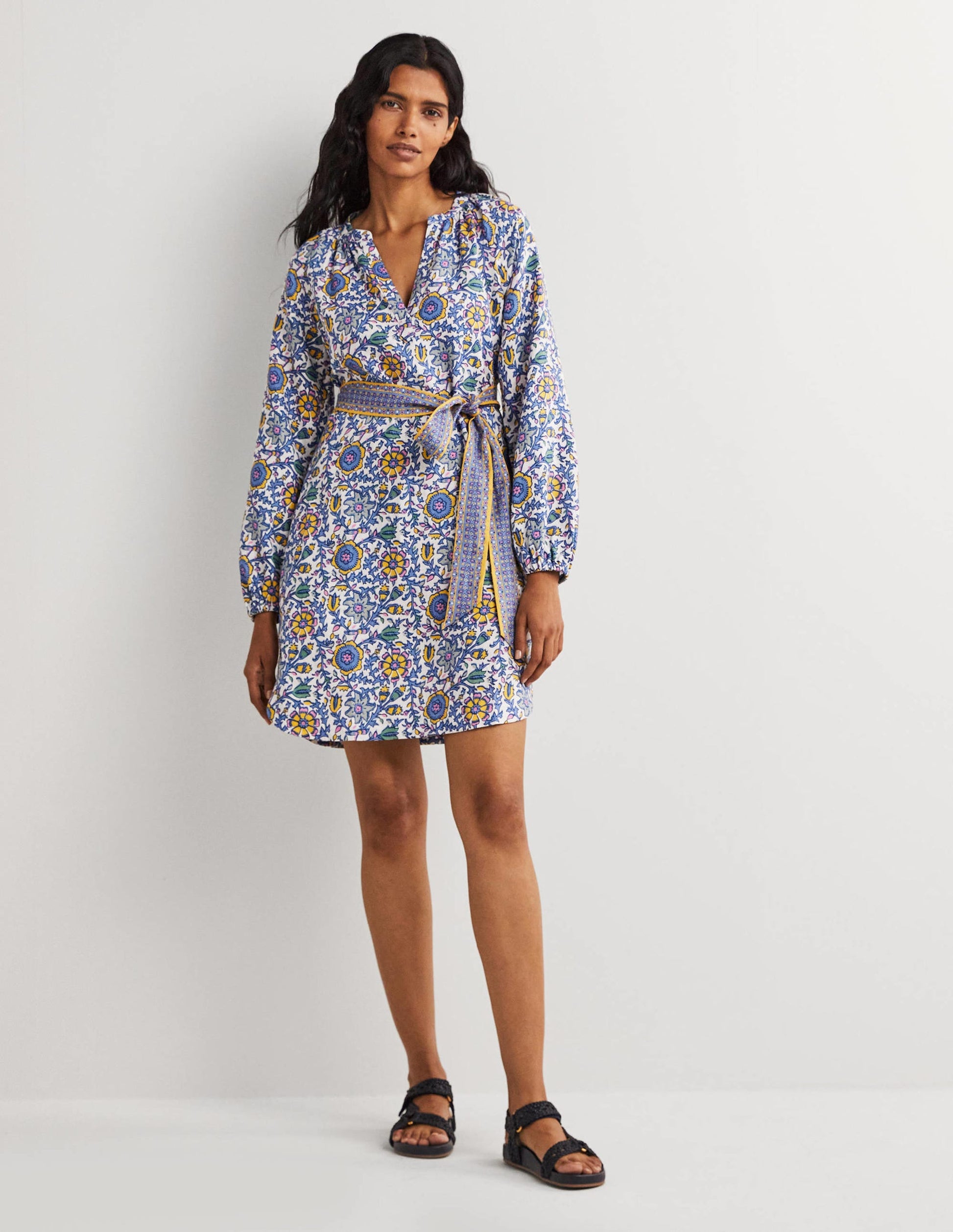 Mini-robe à col cranté en lin-Bleu Côte d'Azur, motif Enchanting Twig-5