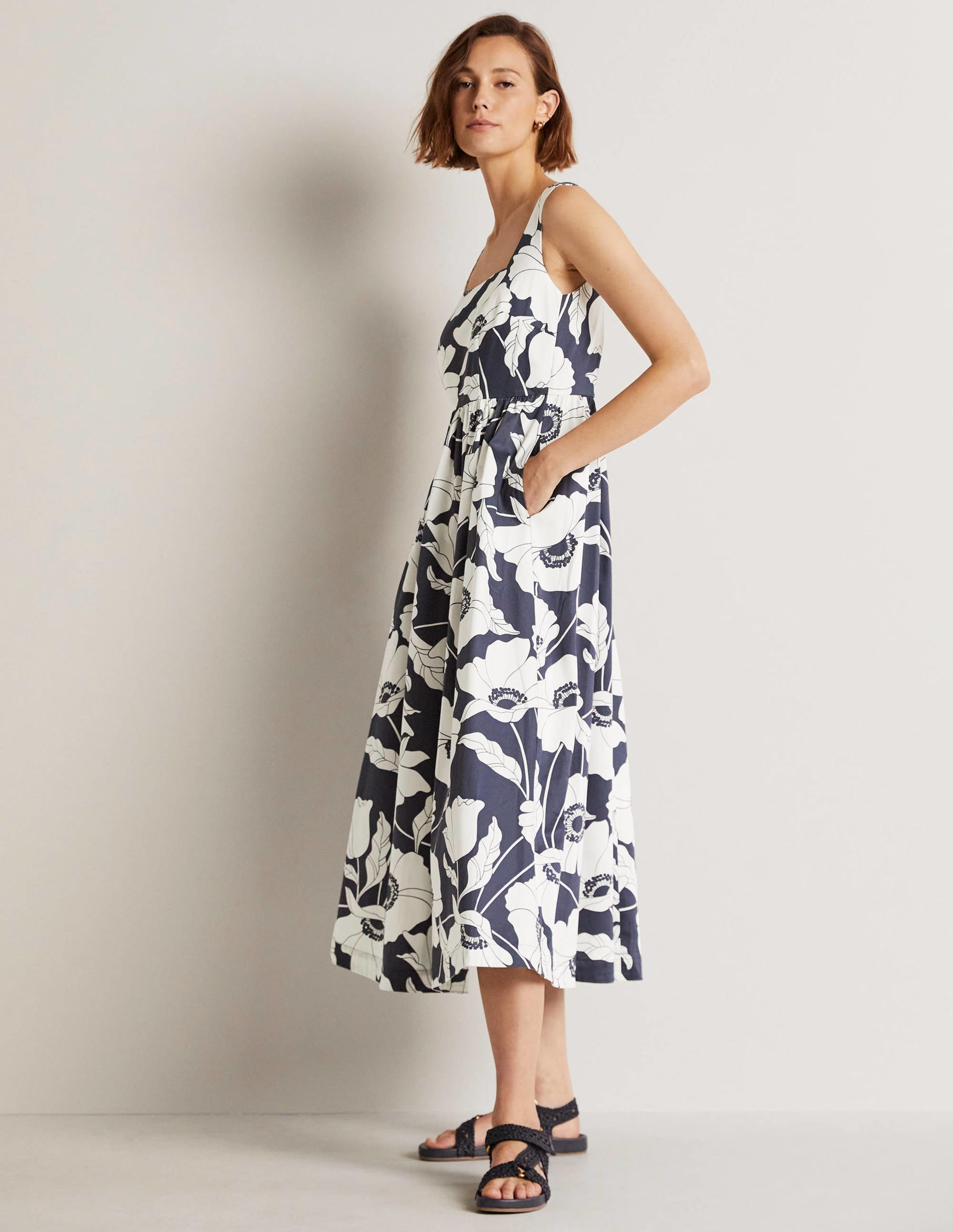 Robe midi Violet à col carré-Bleu marine, motif Elegant Vine - Image 1
