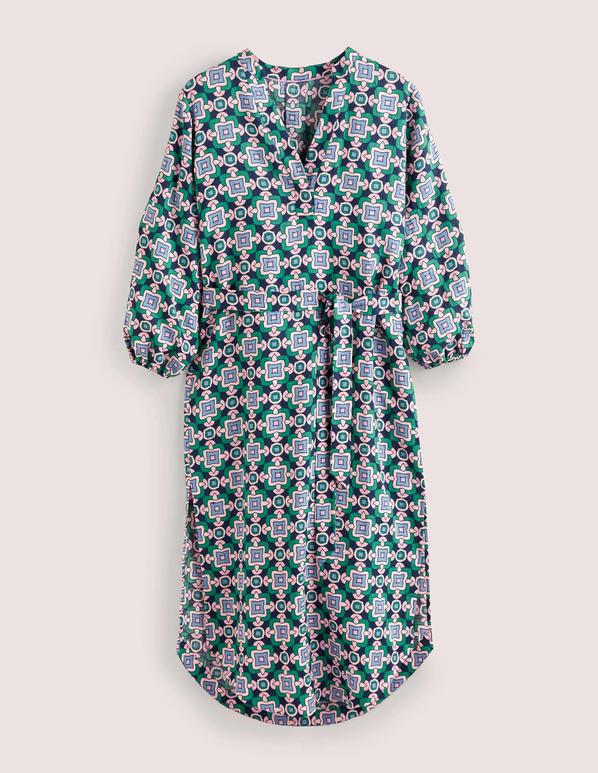 Langärmliges Maxikleid aus Leinen-Navy, Geometrisches Muster - Image 8
