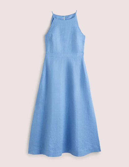 Neckholder-Midikleid aus Leinen-Rivierablau