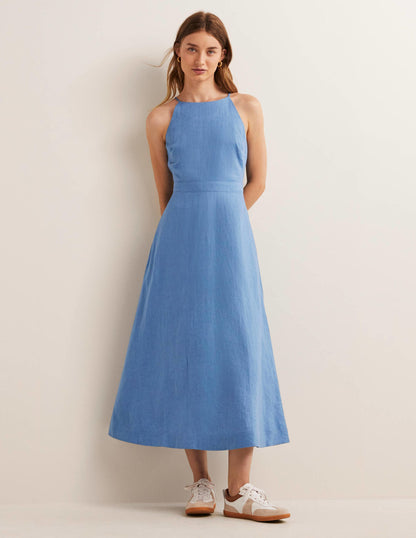 Neckholder-Midikleid aus Leinen-Rivierablau