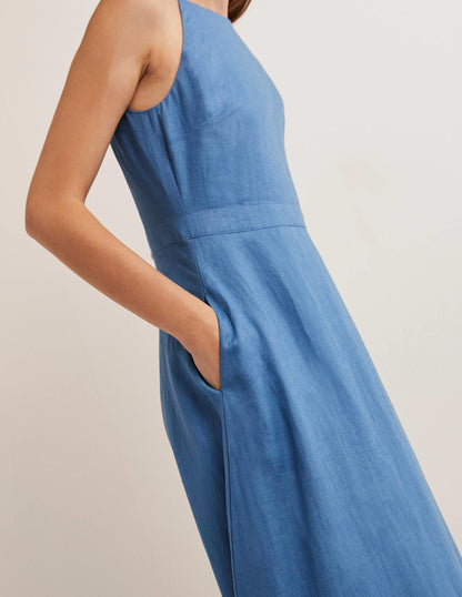 Neckholder-Midikleid aus Leinen-Rivierablau