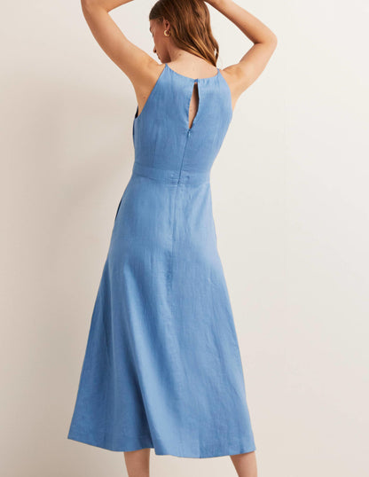 Neckholder-Midikleid aus Leinen-Rivierablau