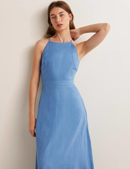 Neckholder-Midikleid aus Leinen-Rivierablau