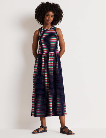 Ärmelloses Jersey-Midikleid-Navy/Bunt, Gestreift