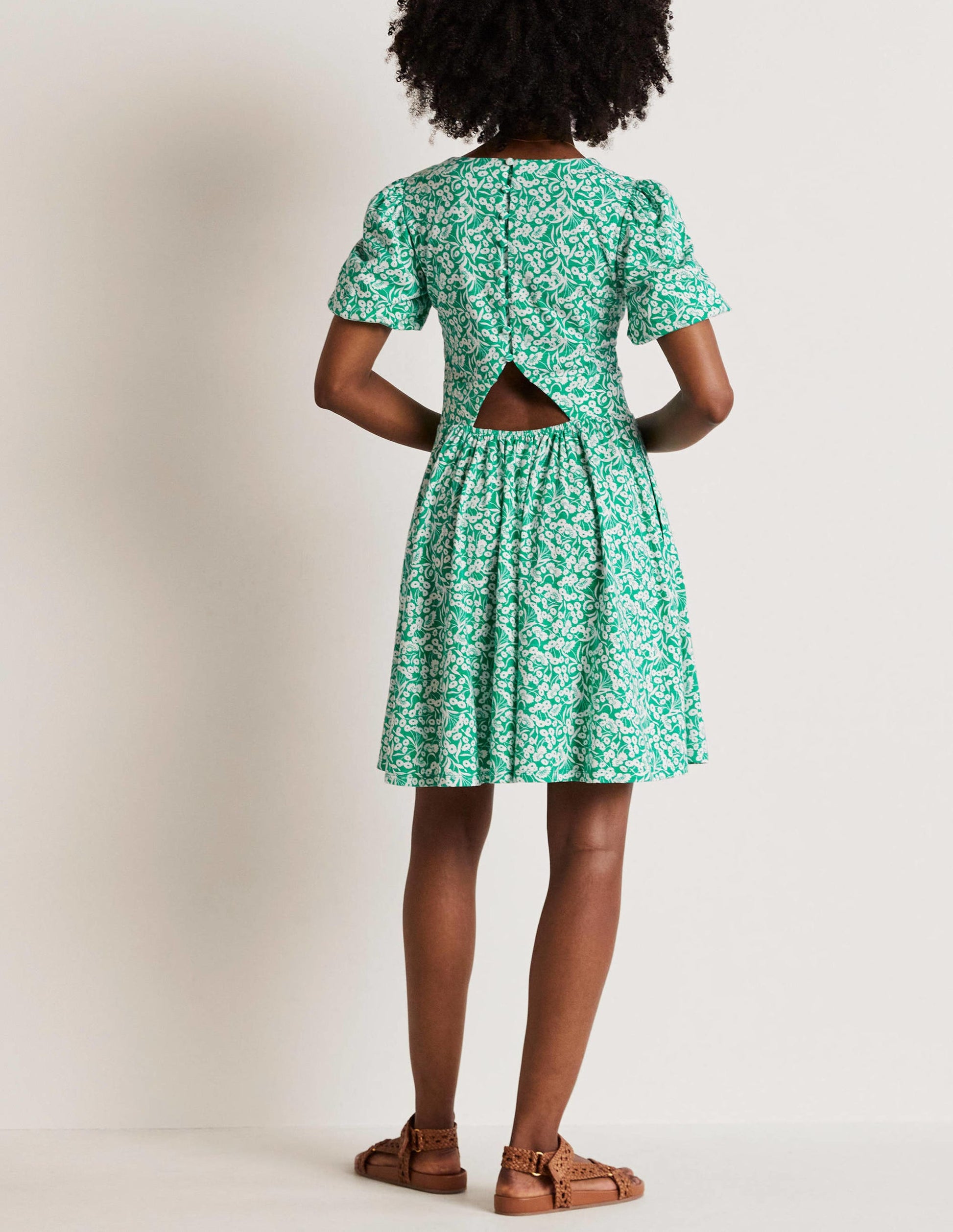 Jersey-Minikleid mit Rückendetail-Smaragdgrün, Knospenmuster-8