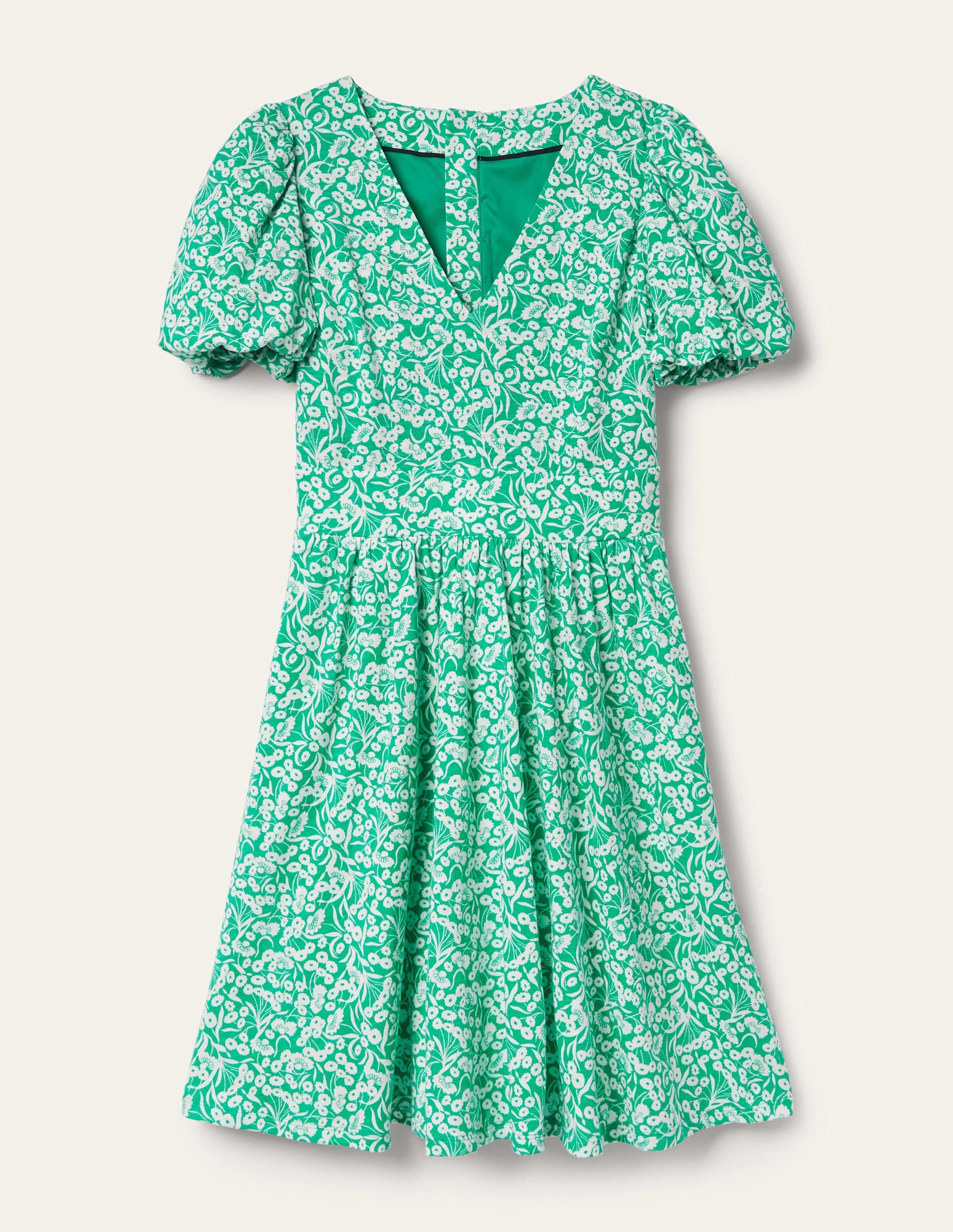 Jersey-Minikleid mit Rückendetail-Smaragdgrün, Knospenmuster - Image 12