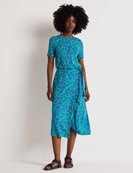 Amanda Jersey-Midikleid-Smaragdgrün, Tropische Blätter