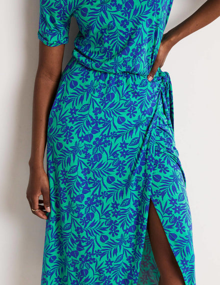 Amanda Jersey-Midikleid-Smaragdgrün, Tropische Blätter