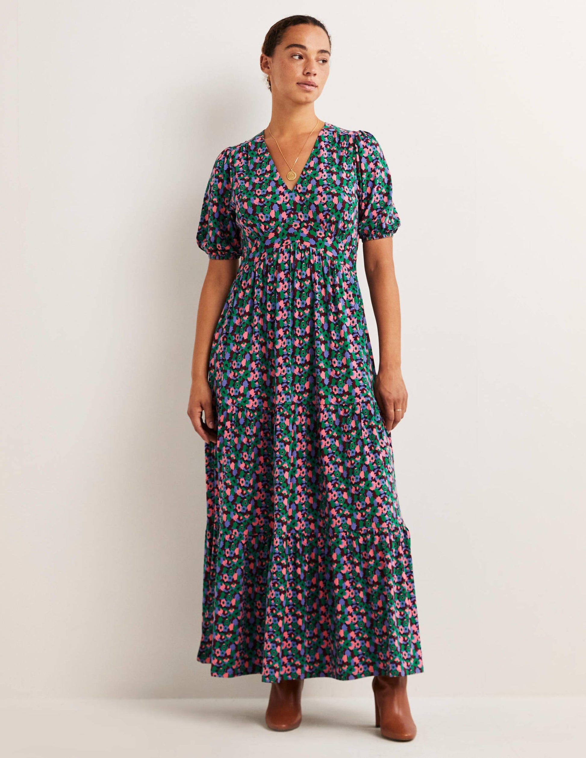 Tiered Jersey Maxi Tea Dress-Shady Glade, Tulip Cluster-1