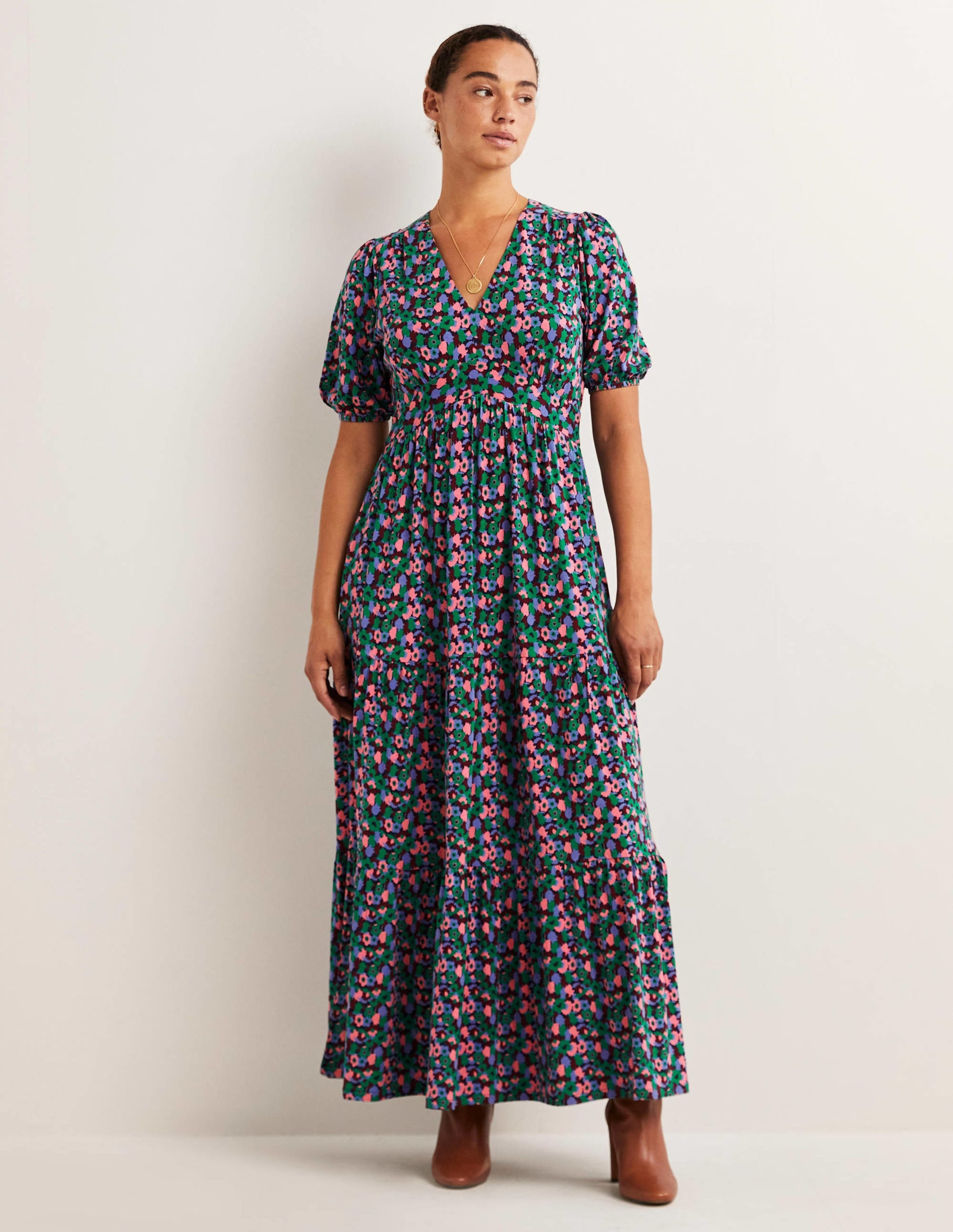 Tiered Jersey Maxi Tea Dress-Shady Glade, Tulip Cluster - Image 1