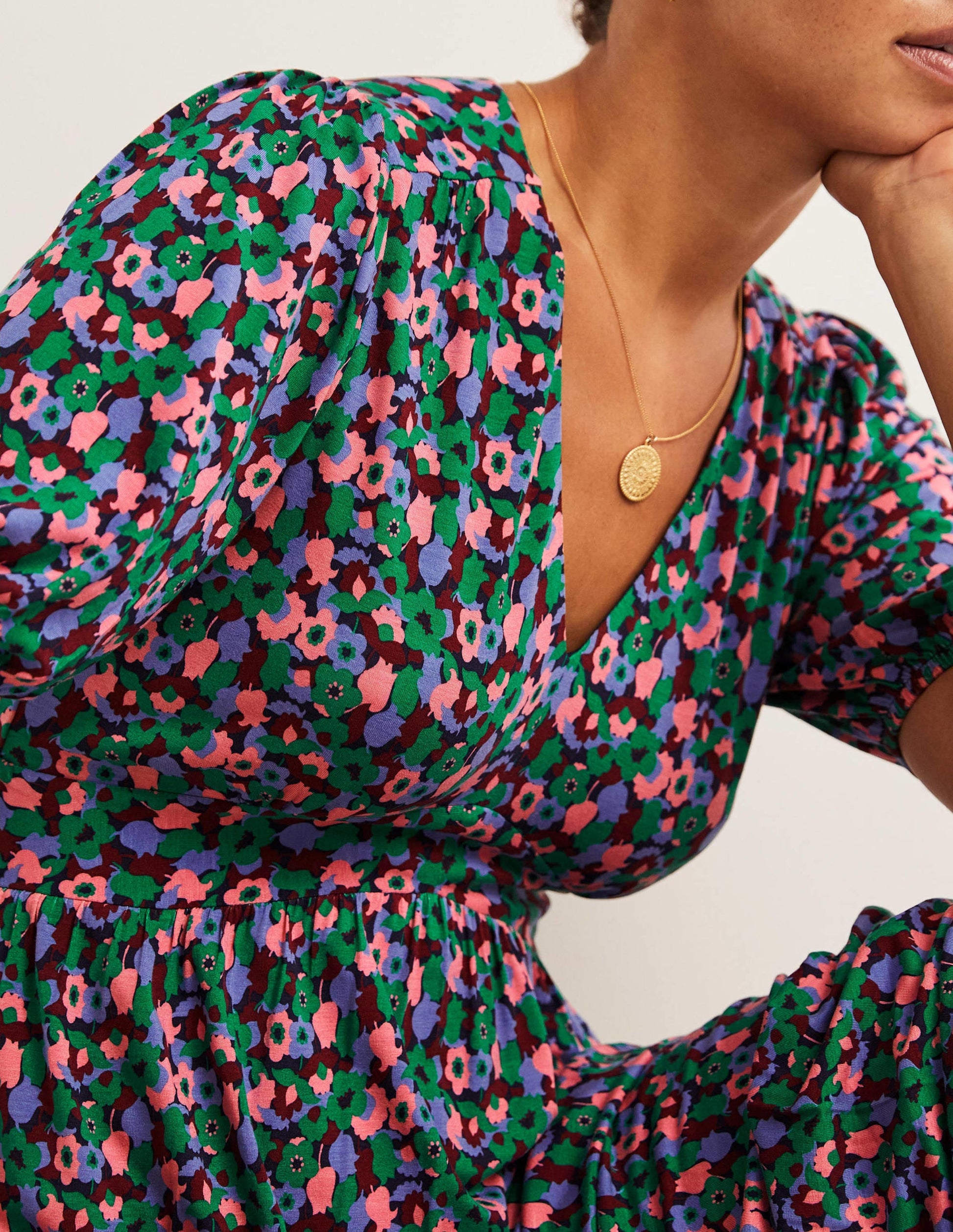 Tiered Jersey Maxi Tea Dress-Shady Glade, Tulip Cluster-2