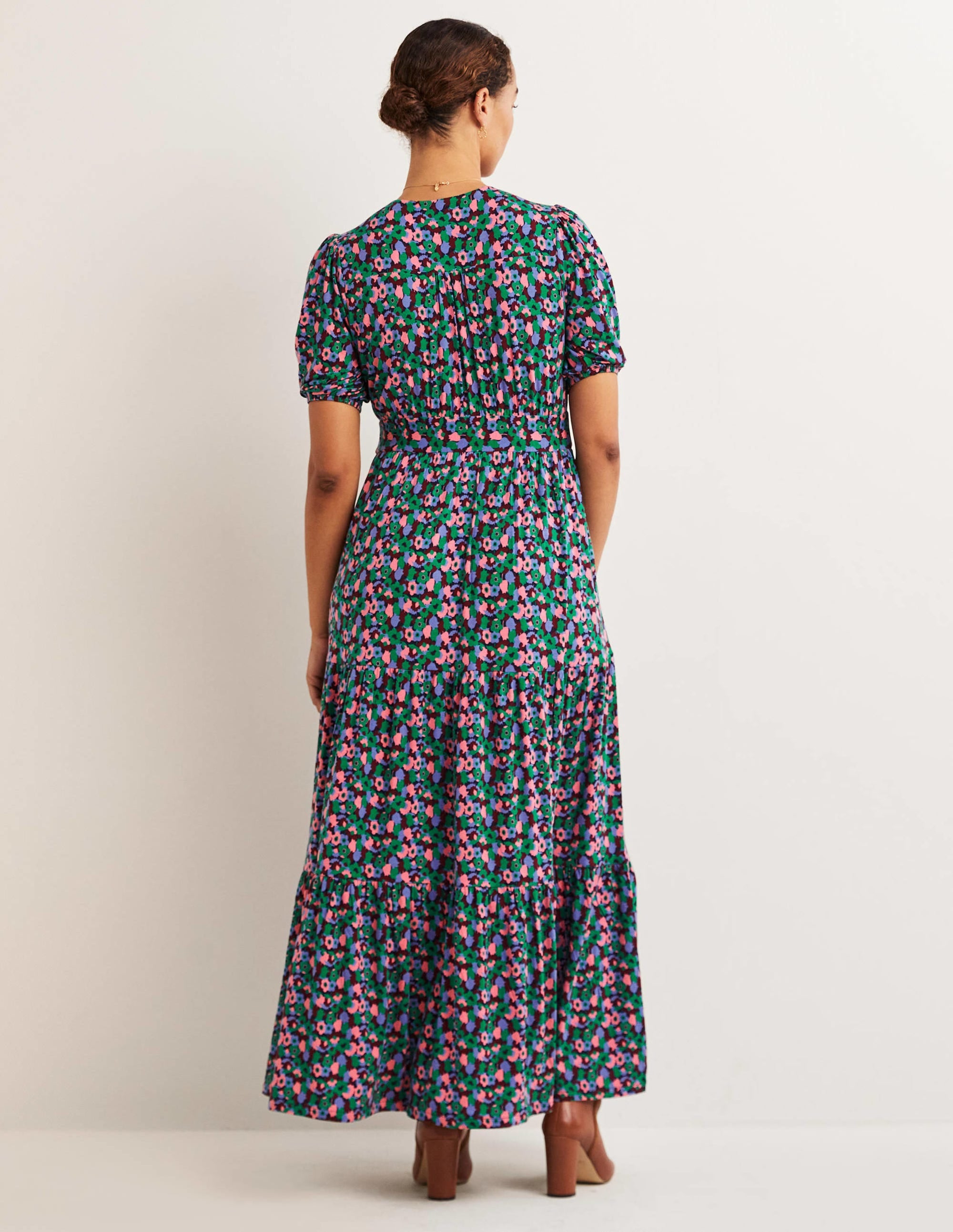 Tiered Jersey Maxi Tea Dress-Shady Glade, Tulip Cluster - Image 3