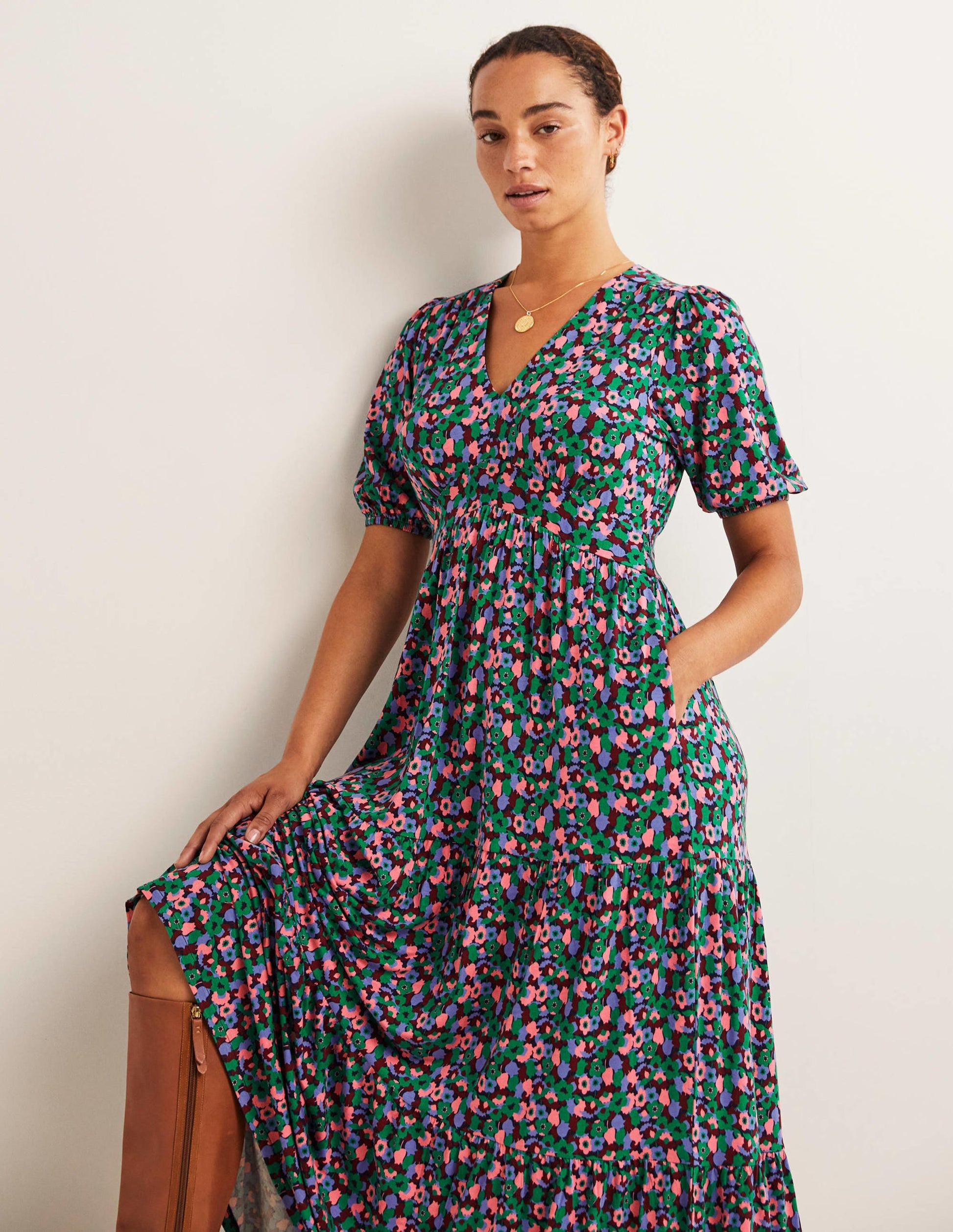 Tiered Jersey Maxi Tea Dress-Shady Glade, Tulip Cluster-4