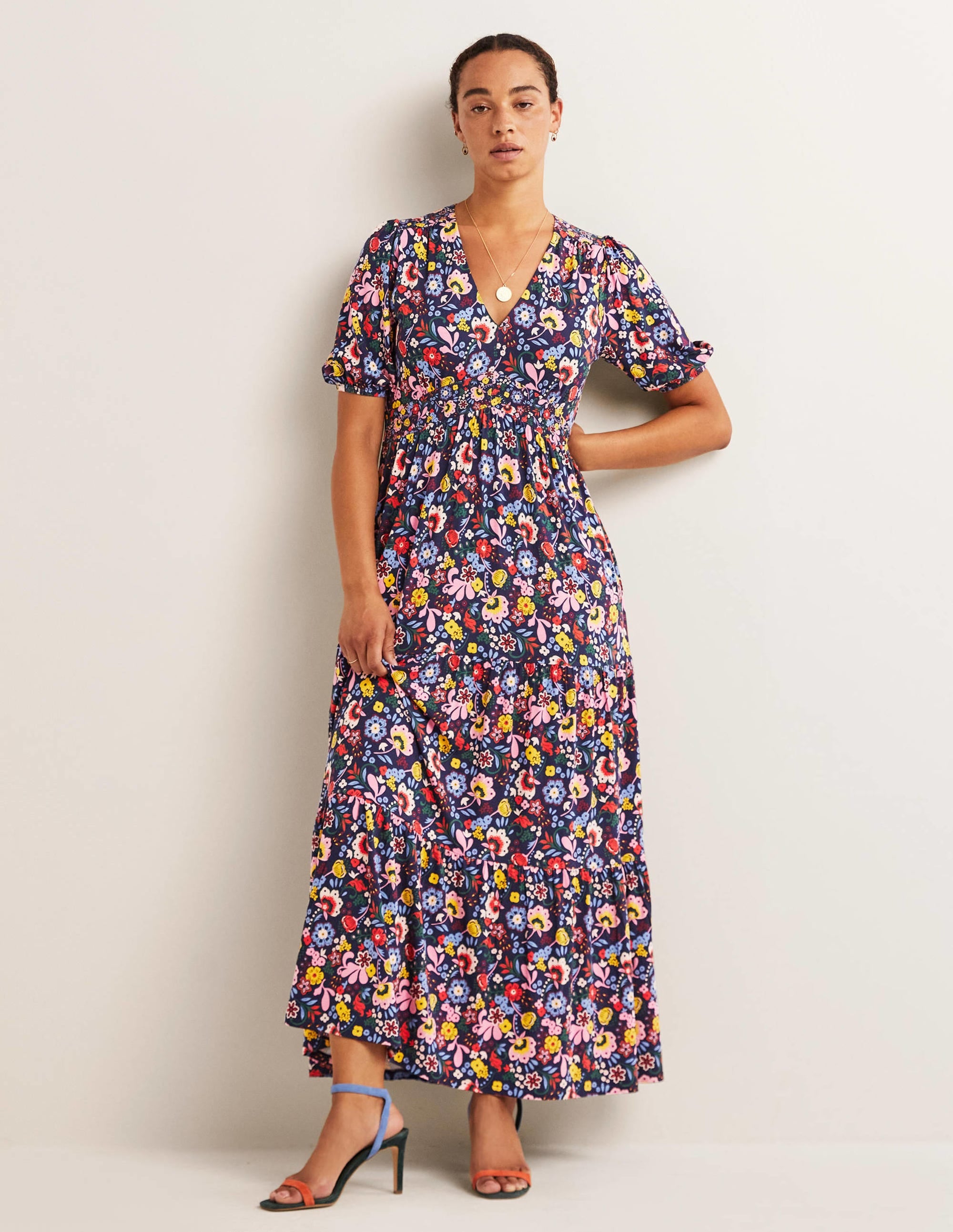 Tiered Jersey Maxi Tea Dress-Navy, Pretty Paradise - Image 1