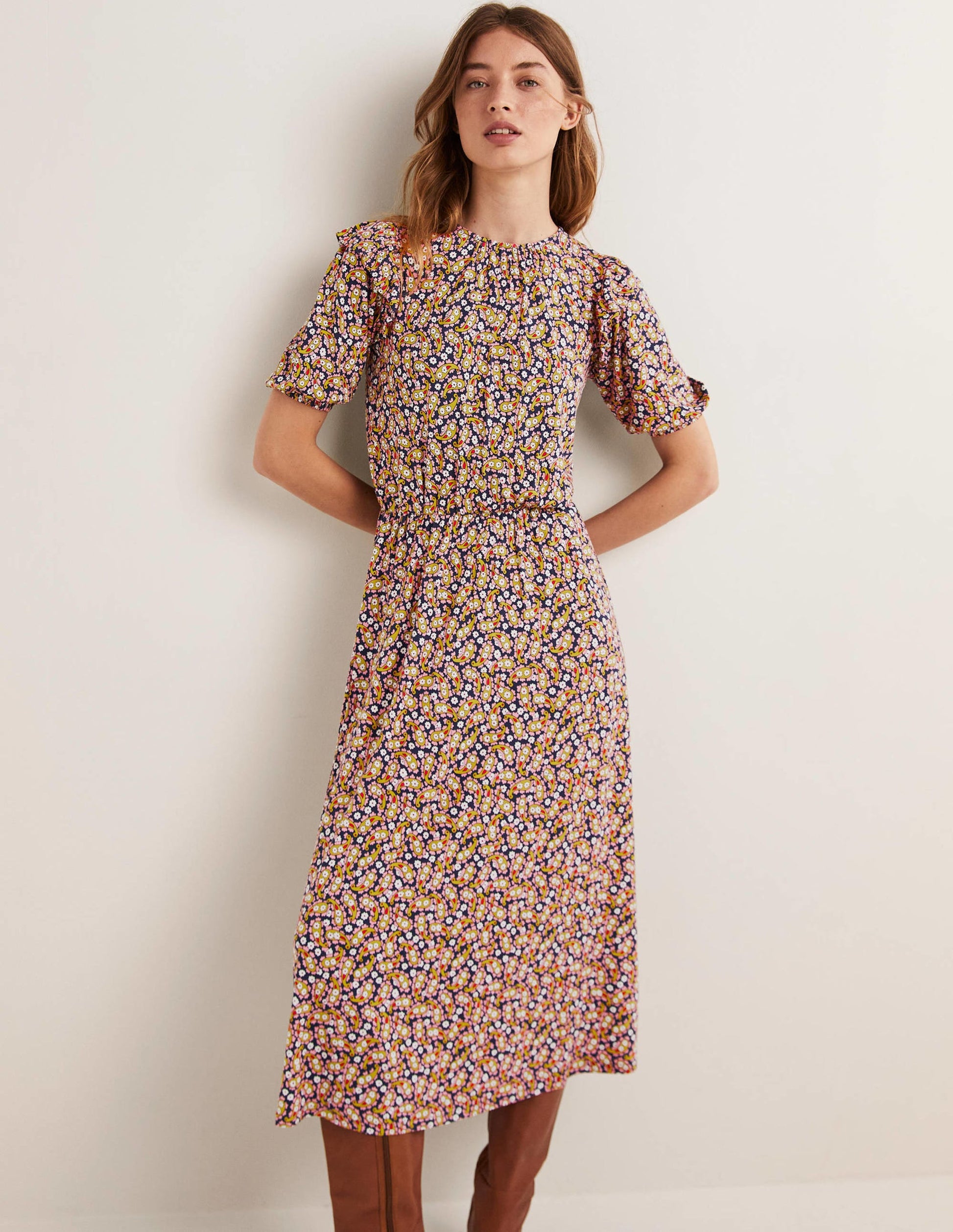 Jersey-Midikleid mit Rüschen-Citronella, Blütenblätter-Paisleymuster-1