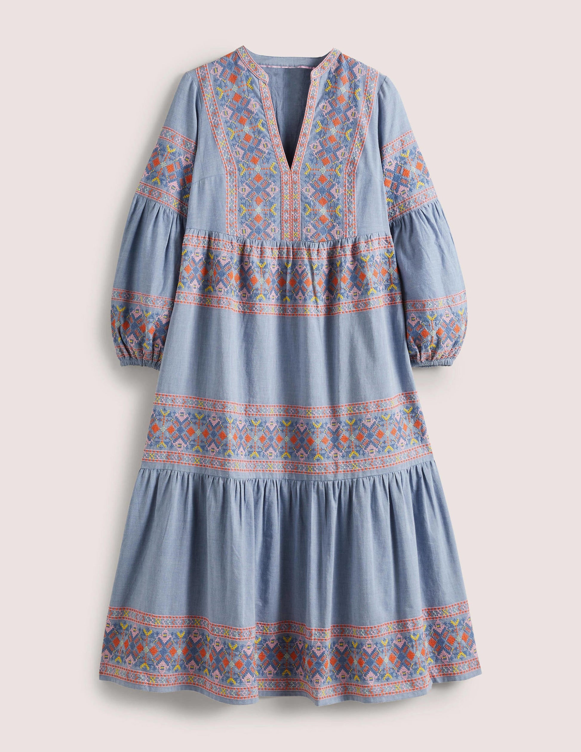 Robe longue brodée à volants-Chambray clair-10