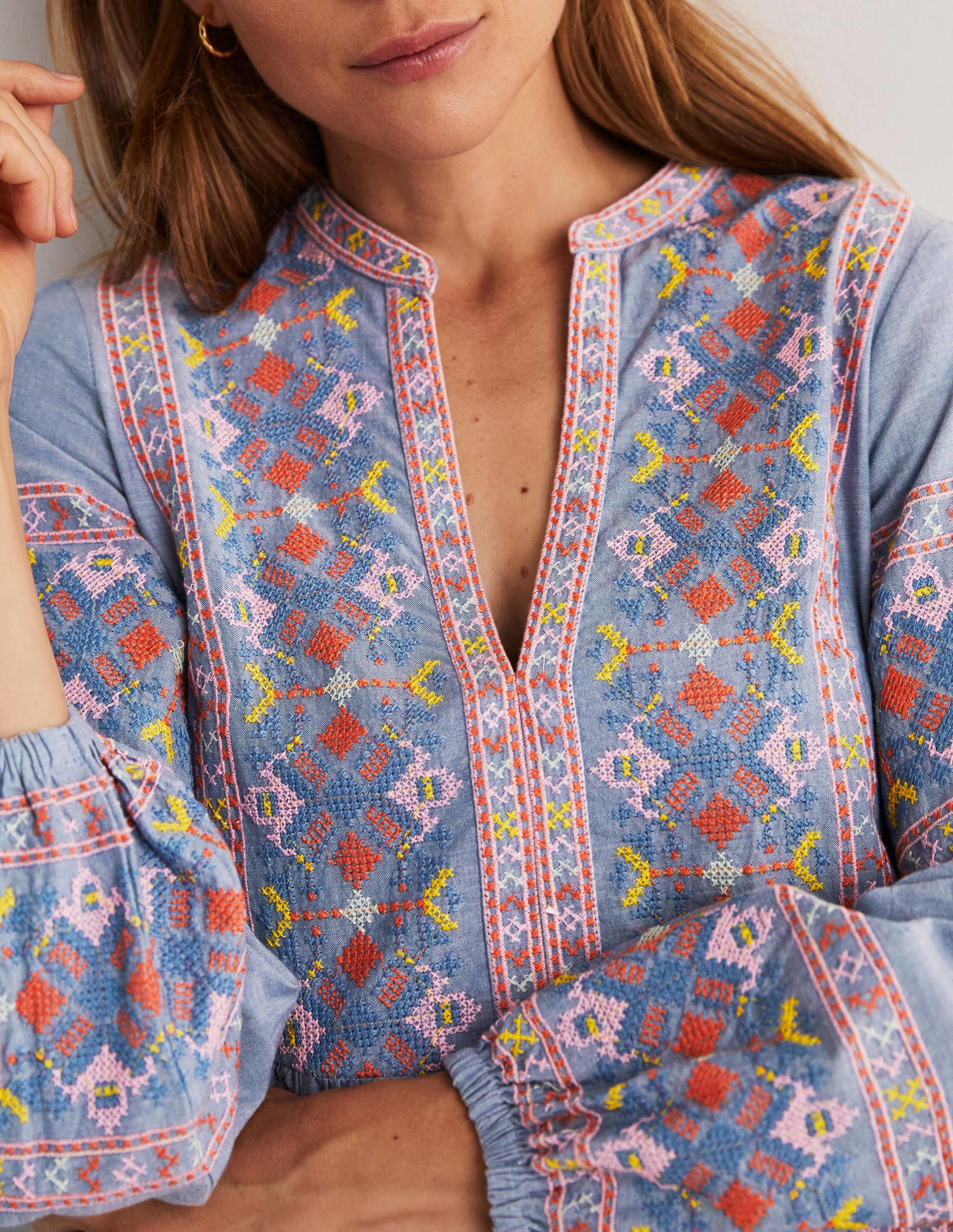 Robe longue brodée à volants-Chambray clair - Image 2