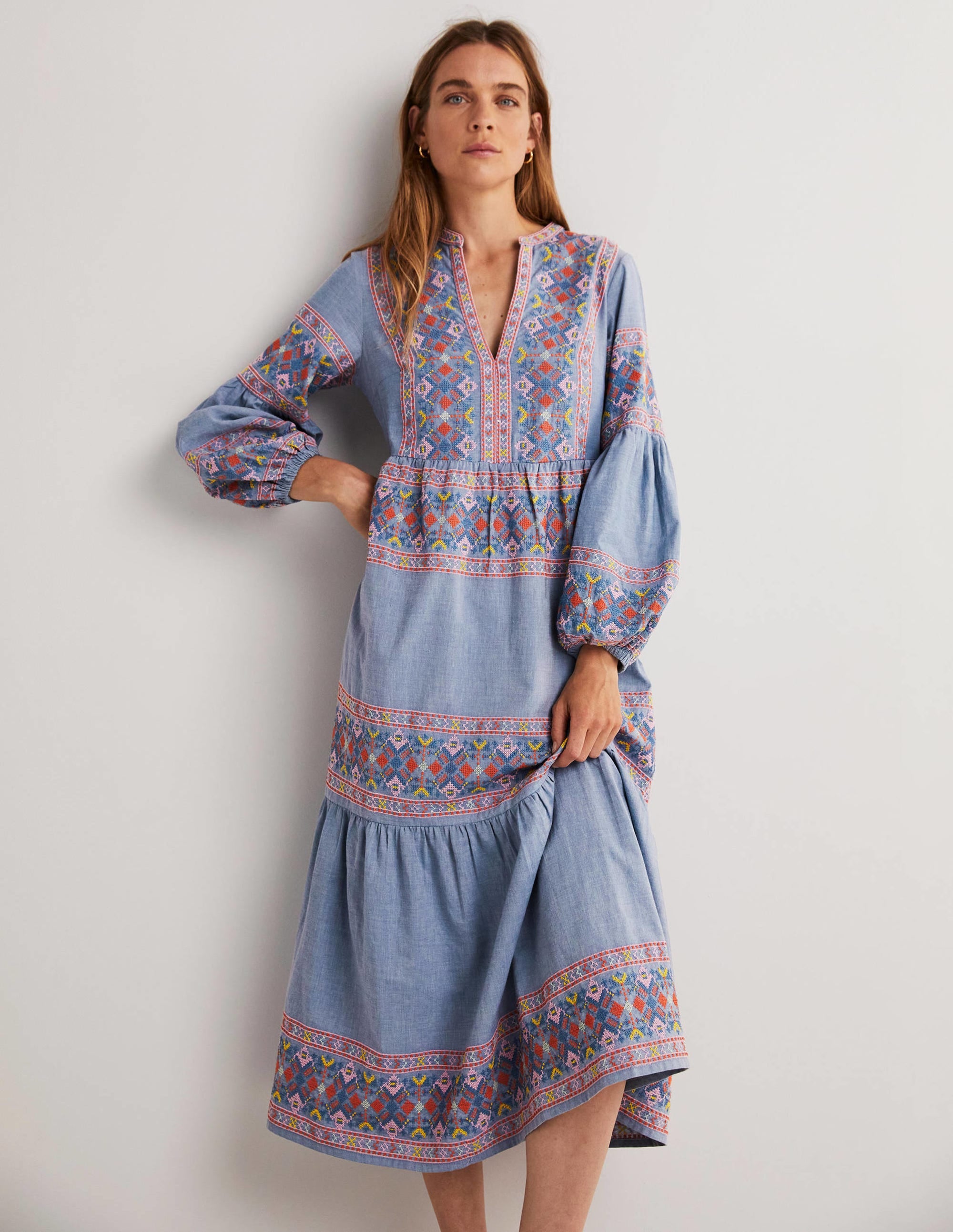 Robe longue brodée à volants-Chambray clair - Image 4