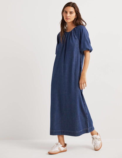Säulen-Midikleid mit Puffärmeln-Mittleres Denim