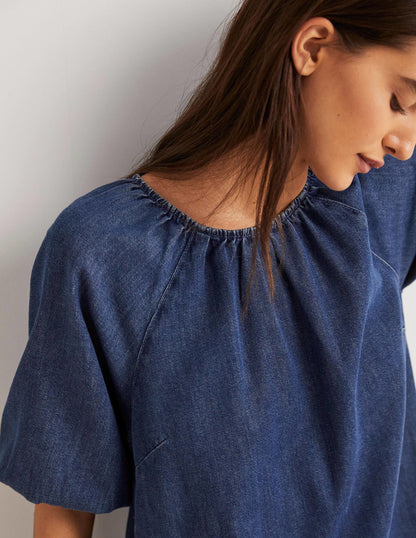Säulen-Midikleid mit Puffärmeln-Mittleres Denim