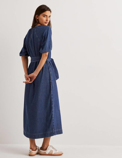 Säulen-Midikleid mit Puffärmeln-Mittleres Denim
