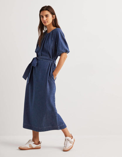 Säulen-Midikleid mit Puffärmeln-Mittleres Denim