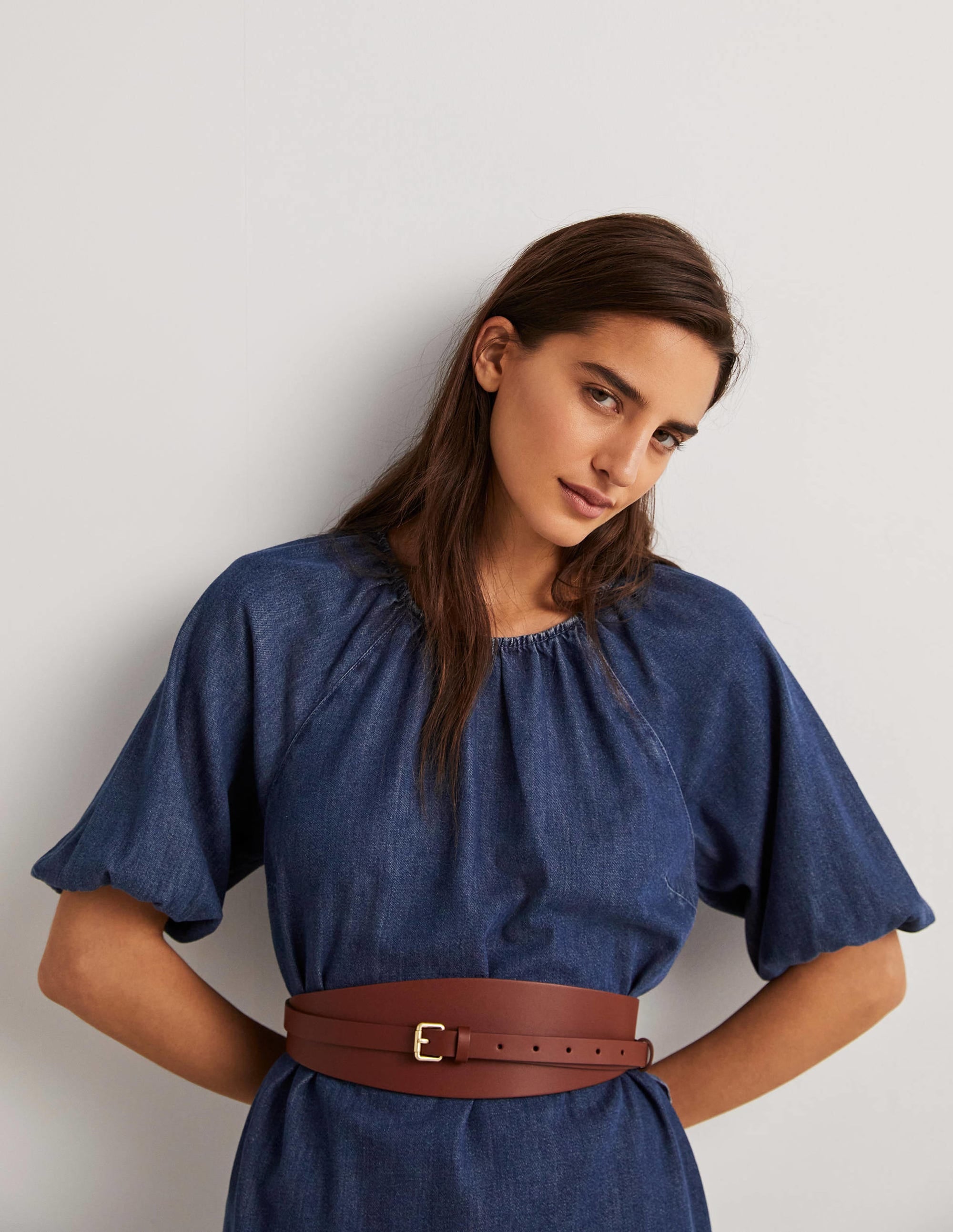 Robe midi droite à manches bouffantes-Denim moyen - Image 5