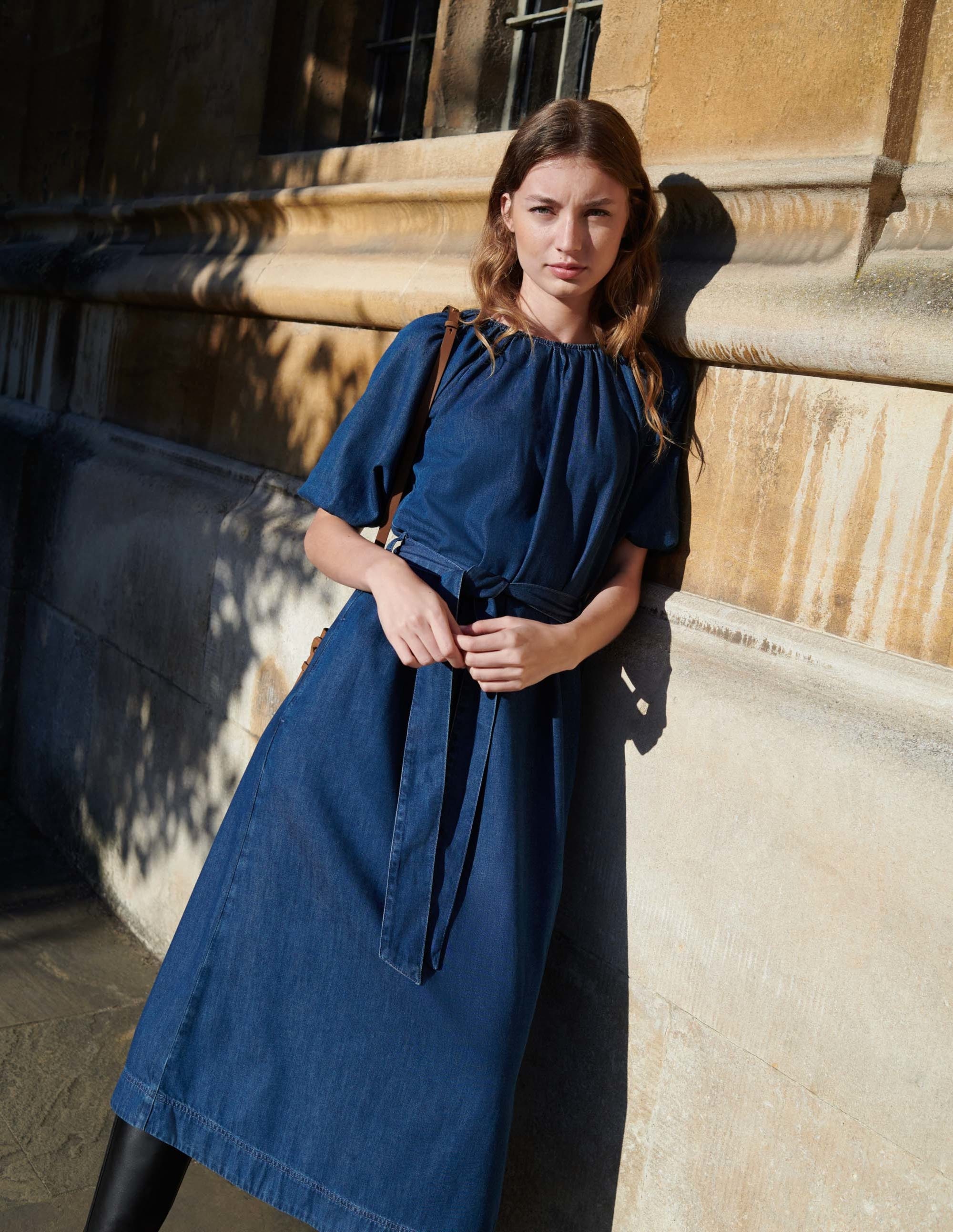Robe midi droite à manches bouffantes-Denim moyen - Image 6