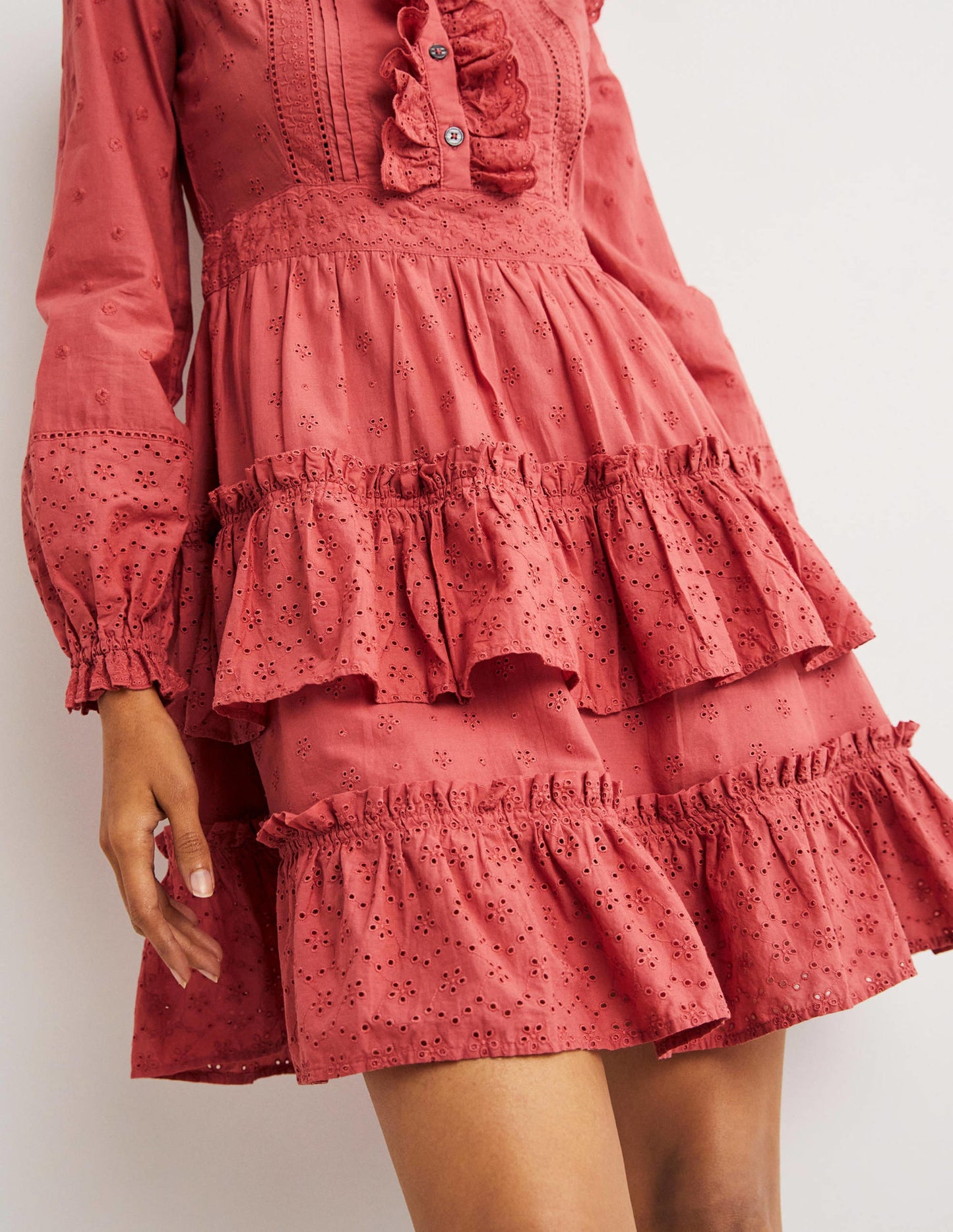 Mixed Broderie Shirt Dress-Dusty Red